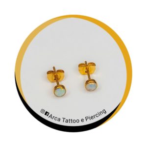 Titânio Par Brinco Pedra Opala Branca 6 mm  PVD GOLD