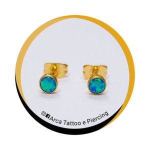 Titânio Par Brinco Pedra Opala Azul 6 mm PVD GOLD